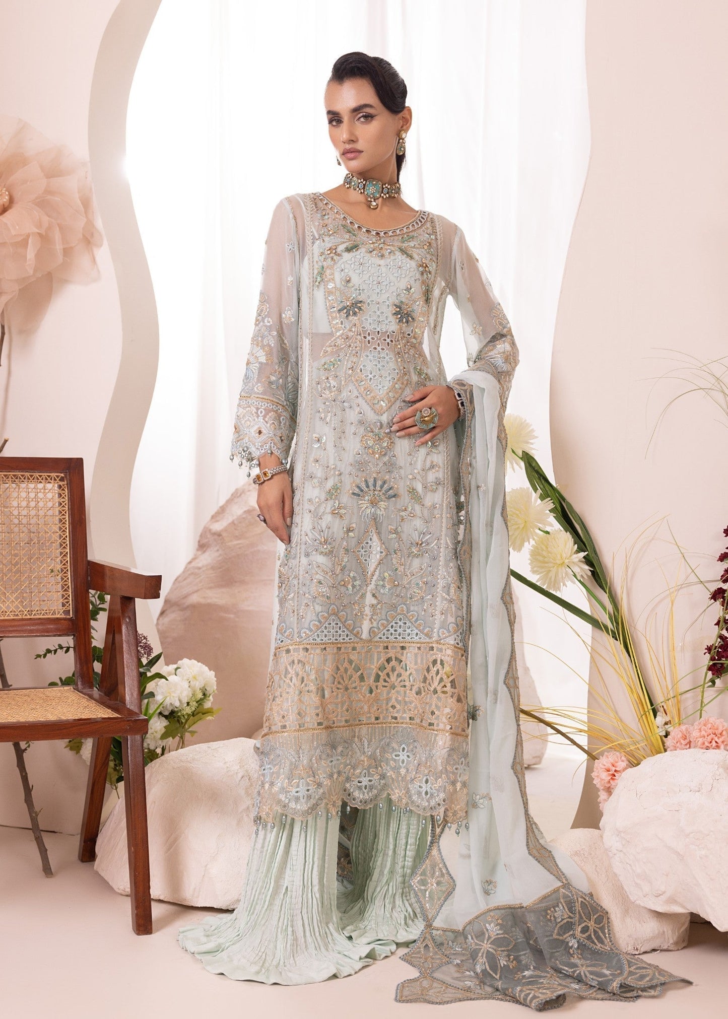 Pakistani Designer Aqua Chiffon Salwar Kameez Online in KSA Riyadh Saudi Arabia Oman Bahrain Qatar
