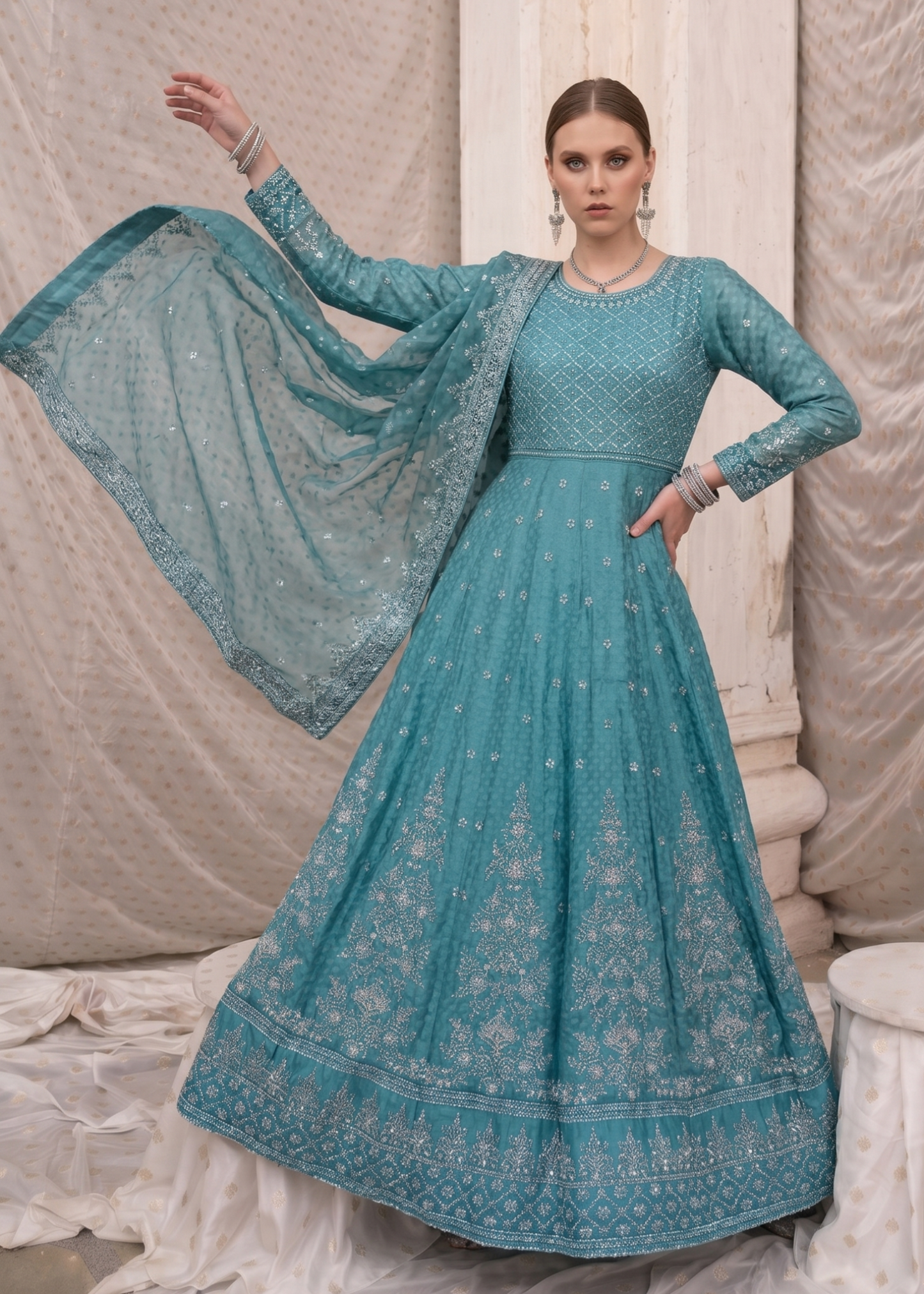 Pakistani Designer Aqua Chiffon Salwar Kameez Online in KSA Riyadh Saudi Arabia Oman Bahrain Qatar