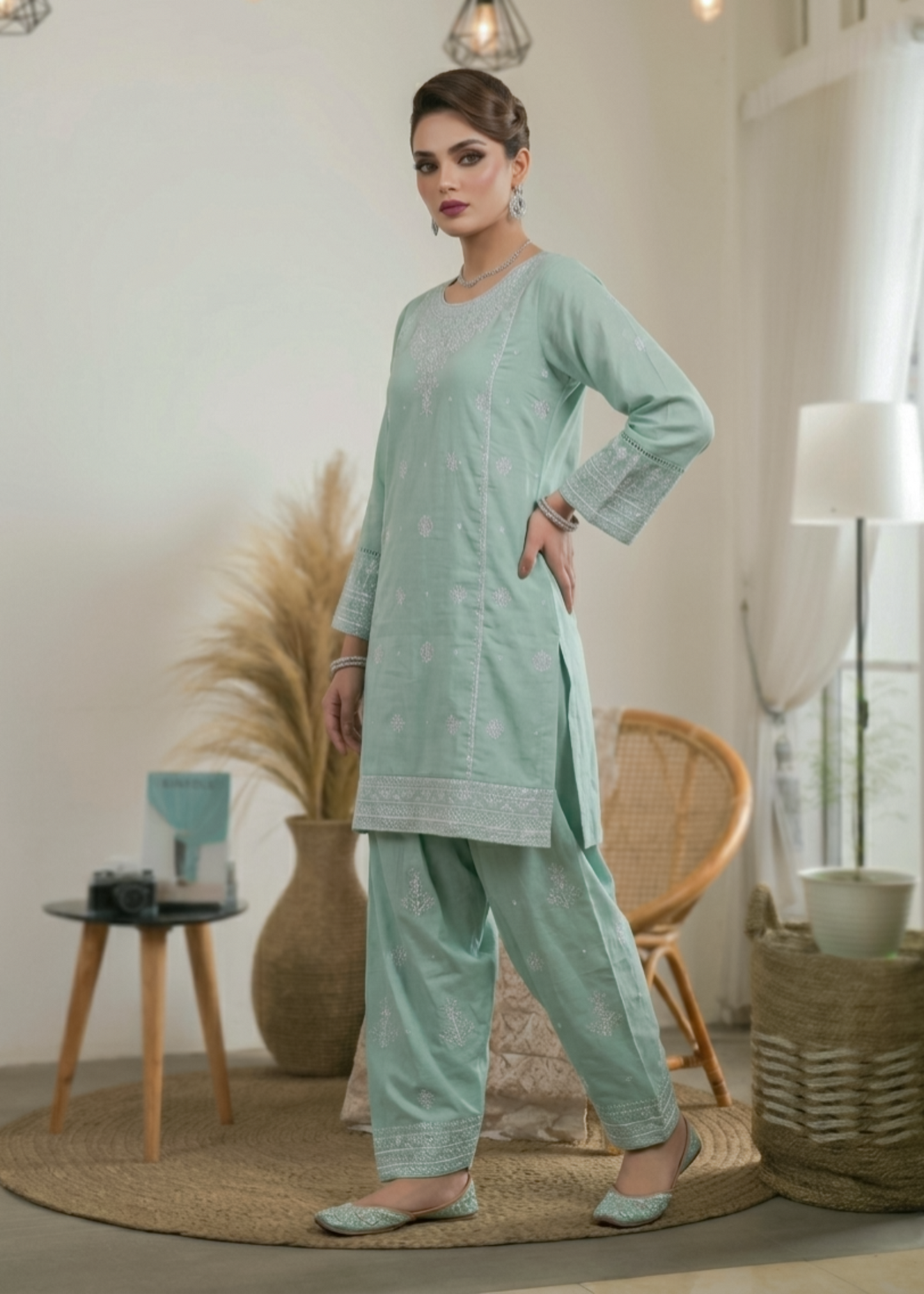 Pakistani Designer Aqua Cotton Farshi Suit Online in KSA Riyadh Saudi Arabia Oman Bahrain Qatar