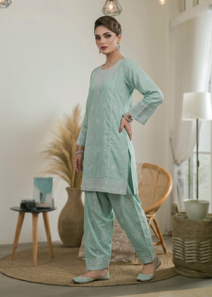 Pakistani Designer Aqua Cotton Farshi Suit Online in KSA Riyadh Saudi Arabia Oman Bahrain Qatar