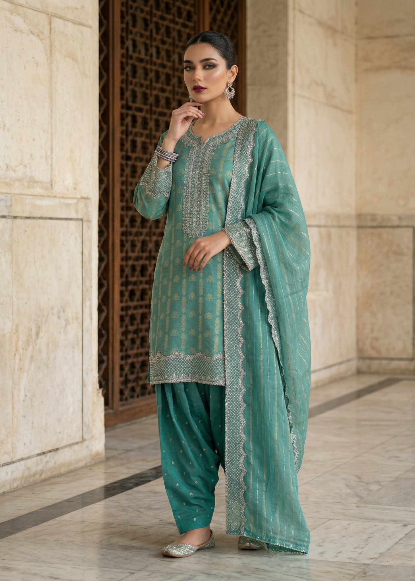 Pakistani Designer Aqua Embroidered Farshi Shalwar Online in KSA Riyadh Saudi Arabia Oman Bahrain Qatar