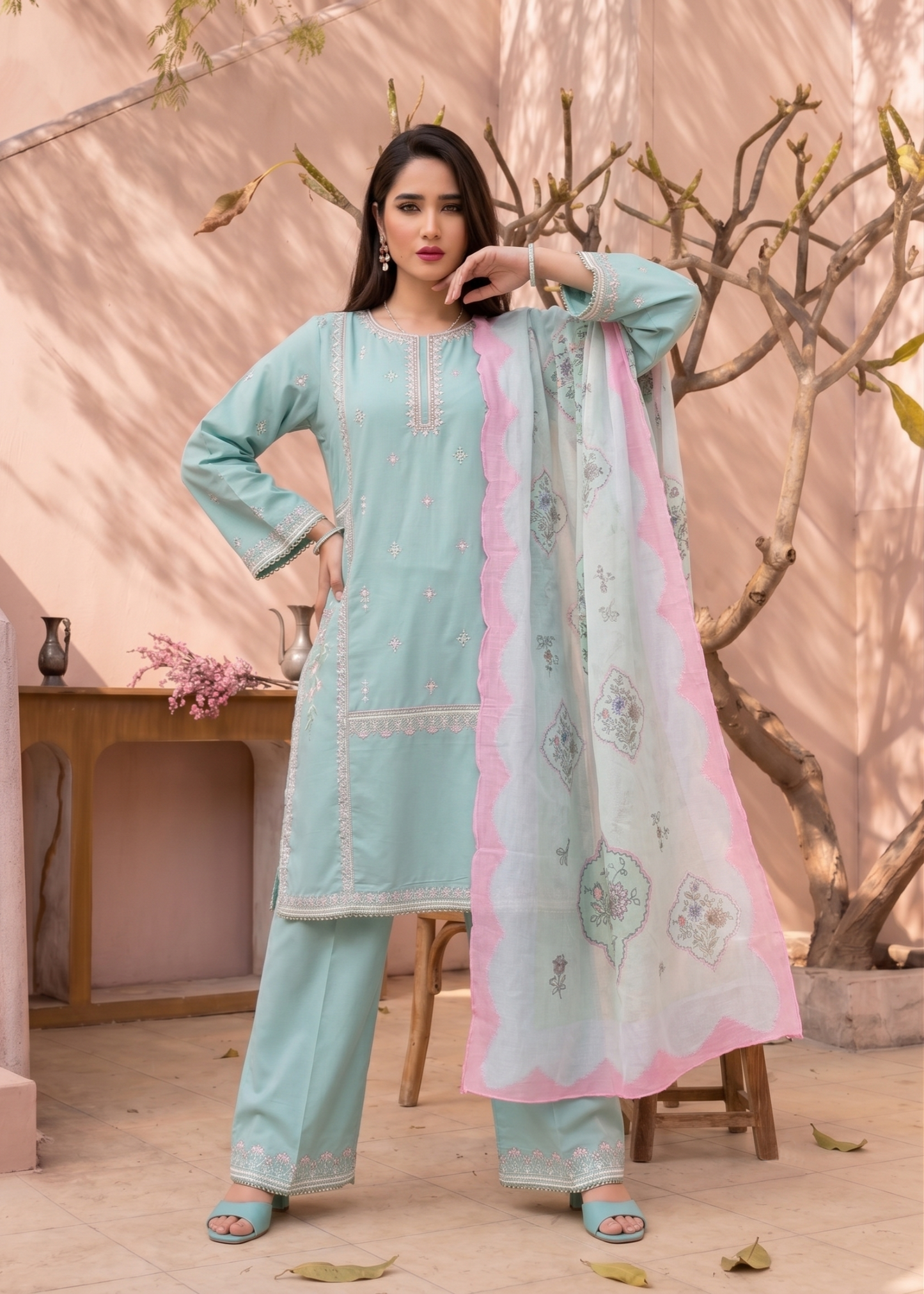Pakistani Designer Aqua Embroidered Lawn Salwar Kameez Online in KSA Riyadh Saudi Arabia Oman Bahrain Qatar
