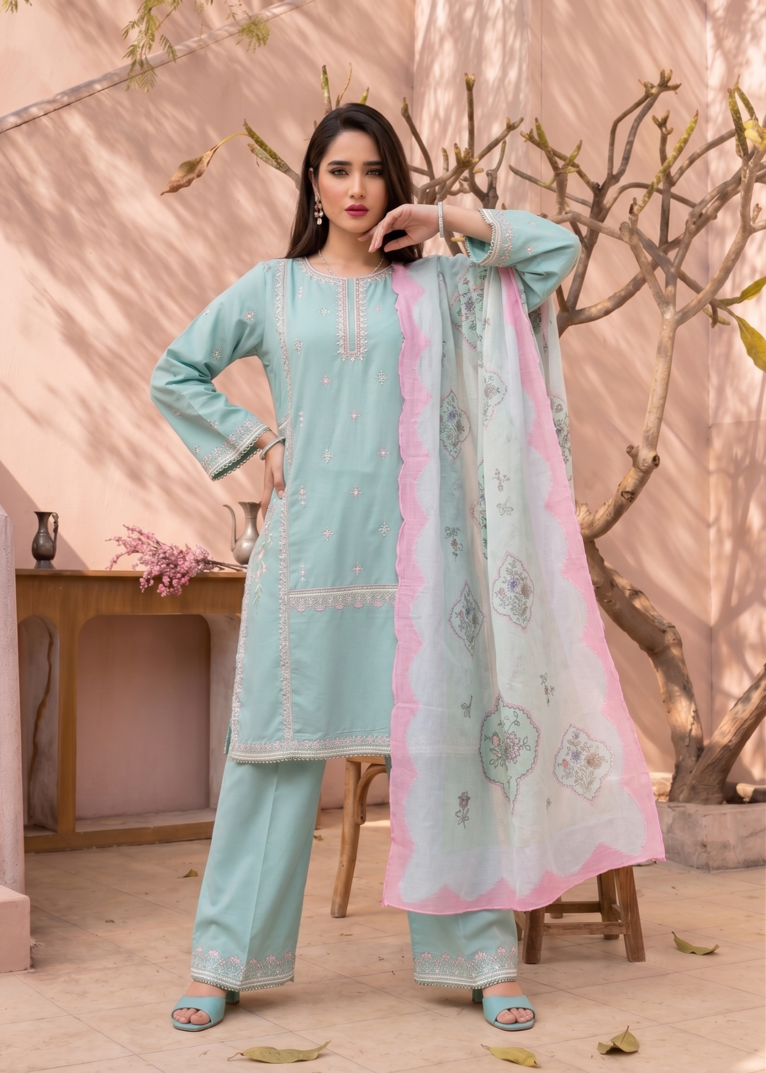 Pakistani Designer Aqua Embroidered Lawn Salwar Kameez Online in KSA Riyadh Saudi Arabia Oman Bahrain Qatar