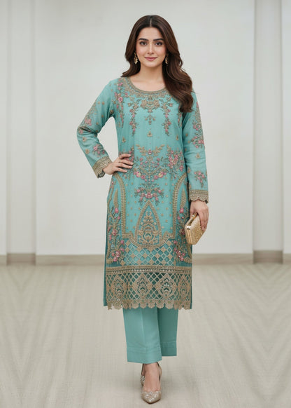 Pakistani Designer Aqua Organza Salwar Kameez Online in KSA Riyadh Saudi Arabia Oman Bahrain Qatar