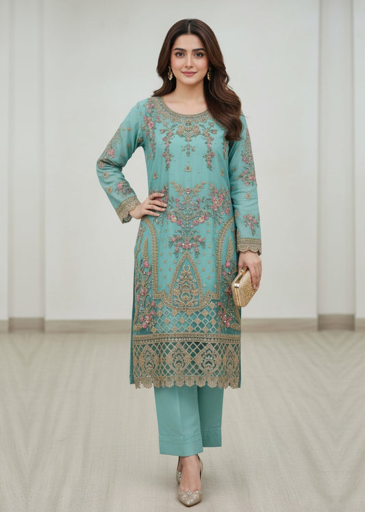 Pakistani Designer Aqua Organza Salwar Kameez Online in KSA Riyadh Saudi Arabia Oman Bahrain Qatar