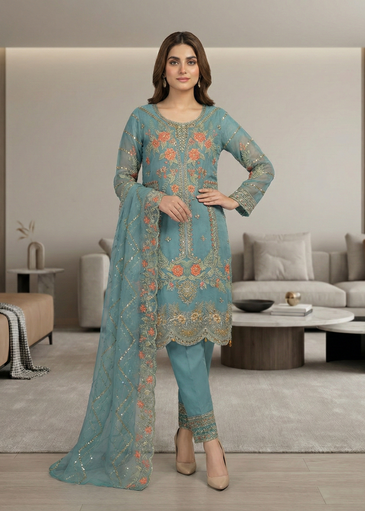 Pakistani Designer Aqua Organza Salwar Kameez Online in KSA Riyadh Saudi Arabia Oman Bahrain Qatar