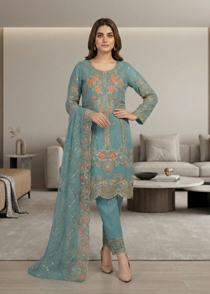 Pakistani Designer Aqua Organza Salwar Kameez Online in KSA Riyadh Saudi Arabia Oman Bahrain Qatar
