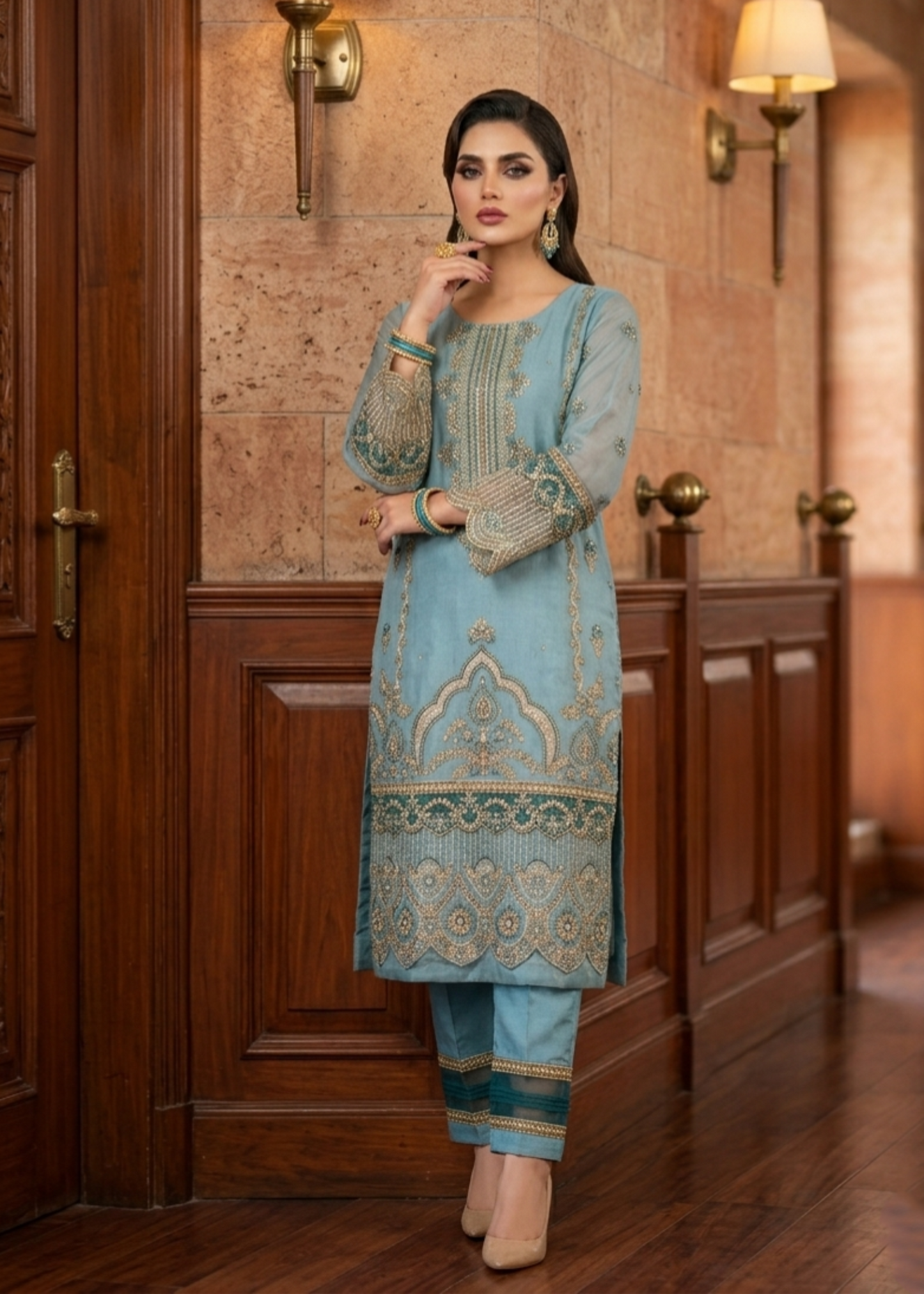 Pakistani Designer Aqua Organza Salwar Kameez Online in KSA Riyadh Saudi Arabia Oman Bahrain Qatar