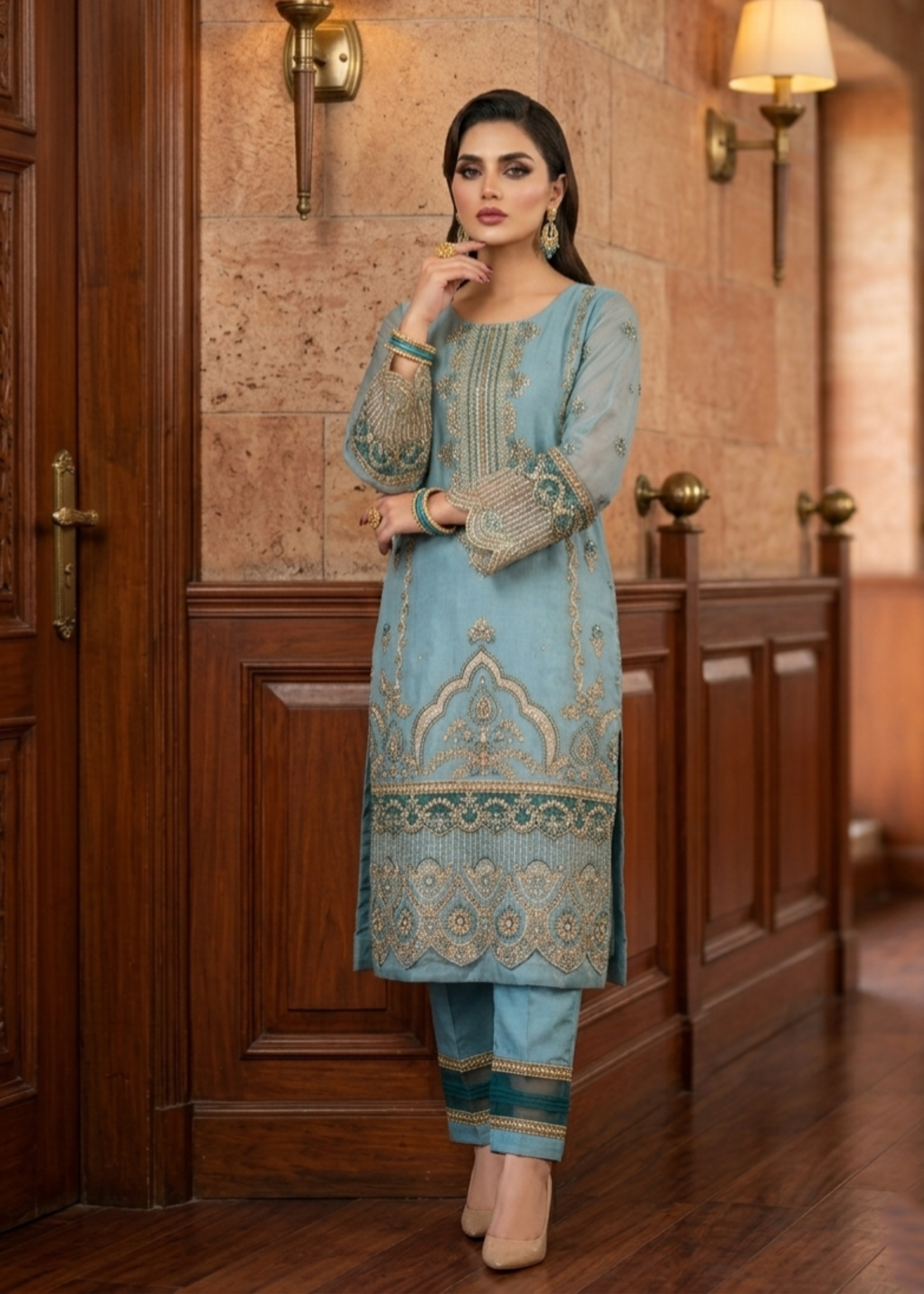 Pakistani Designer Aqua Organza Salwar Kameez Online in KSA Riyadh Saudi Arabia Oman Bahrain Qatar