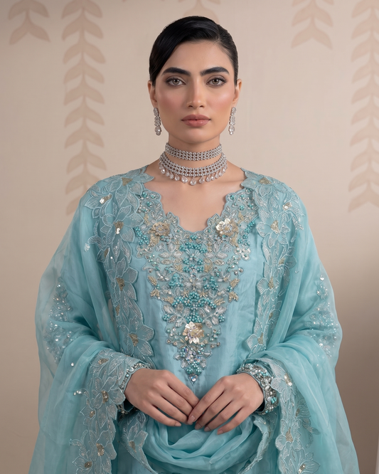 Pakistani Designer Aqua Raw Silk Salwar Kameez Online in KSA Riyadh Saudi Arabia Oman Bahrain Qatar