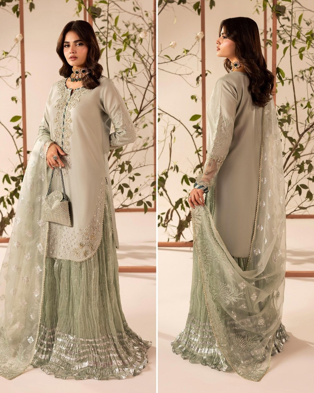 Pakistani Designer Aqua Raw Silk Sharara Gharara Online in KSA Riyadh Saudi Arabia Oman Bahrain Qatar