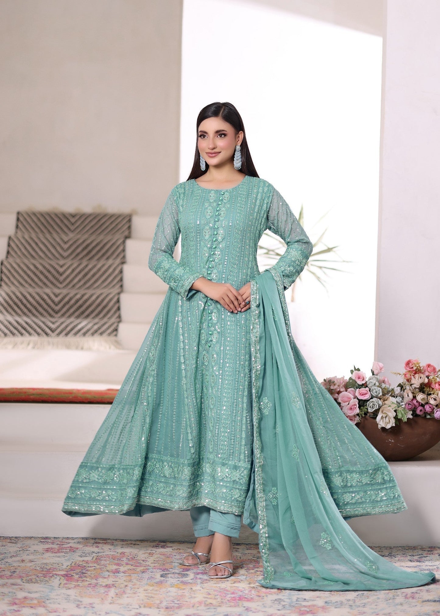 Pakistani Designer Aquamarine Chiffon Partywear Salwar Kameez Online in KSA Riyadh Saudi Arabia Oman Bahrain Qatar