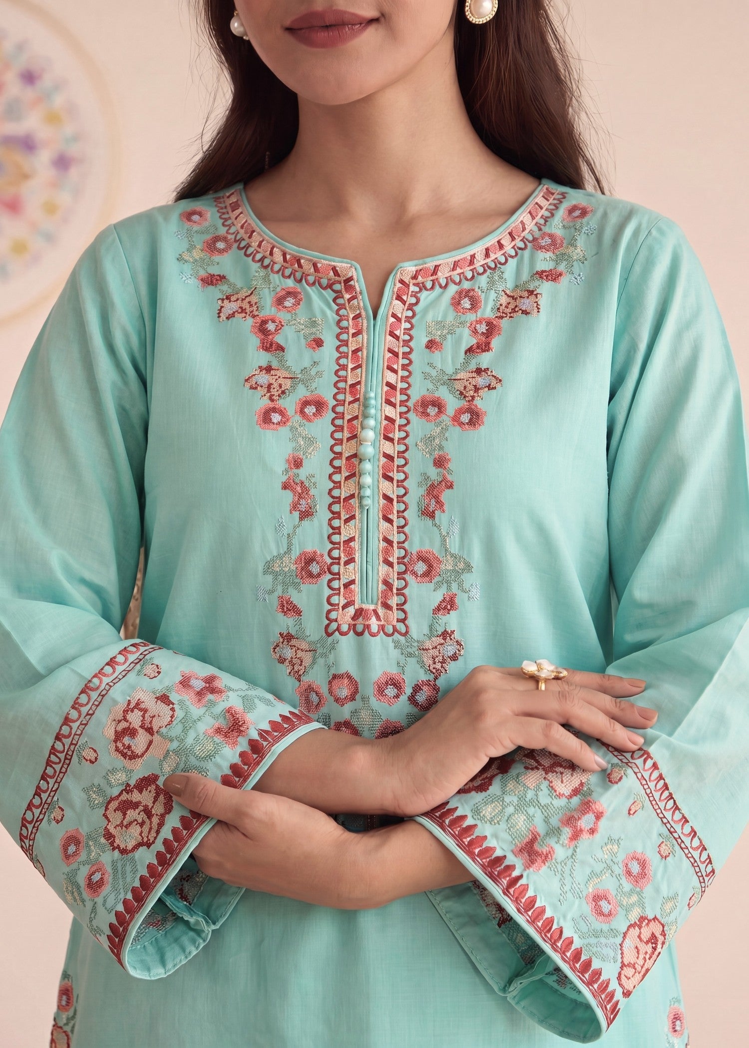 Pakistani Designer Aquamarine Lawn Salwar Suit Online in KSA Riyadh Saudi Arabia Oman Bahrain Qatar