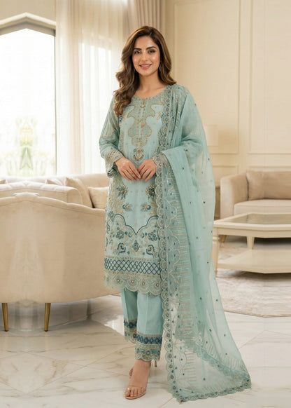 Pakistani Designer Aquamarine Organza Salwar Kameez Online in KSA Riyadh Saudi Arabia Oman Bahrain Qatar