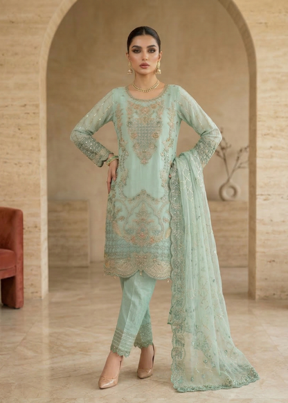 Pakistani Designer Aquamarine Organza Salwar Kameez Online in KSA Riyadh Saudi Arabia Oman Bahrain Qatar