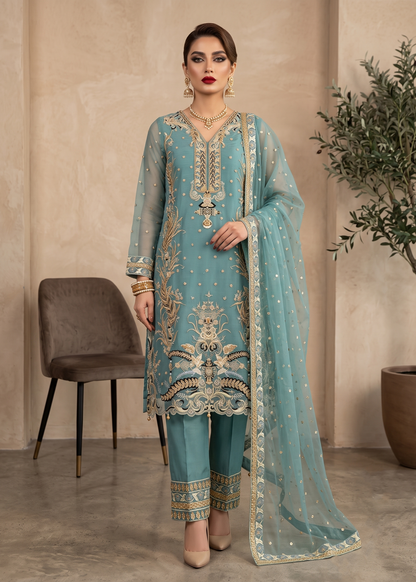 Pakistani Designer Aquamarine Organza Salwar Kameez Online in KSA Riyadh Saudi Arabia Oman Bahrain Qatar