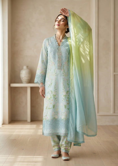 Pakistani Designer Aquamarine Raw Silk Salwar Kameez Online in KSA Riyadh Saudi Arabia Oman Bahrain Qatar