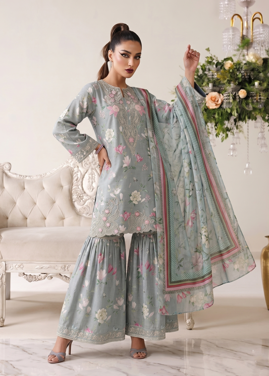 Pakistani Designer Ash Grey Lawn Sharara Gharara Online in KSA Riyadh Saudi Arabia Oman Bahrain Qatar