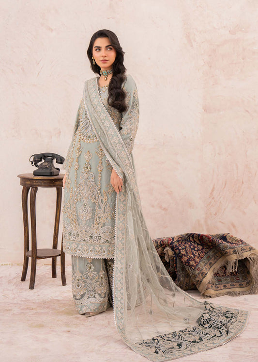 Pakistani Designer Ash Grey Net Salwar Kameez Online in KSA Riyadh Saudi Arabia Oman Bahrain Qatar