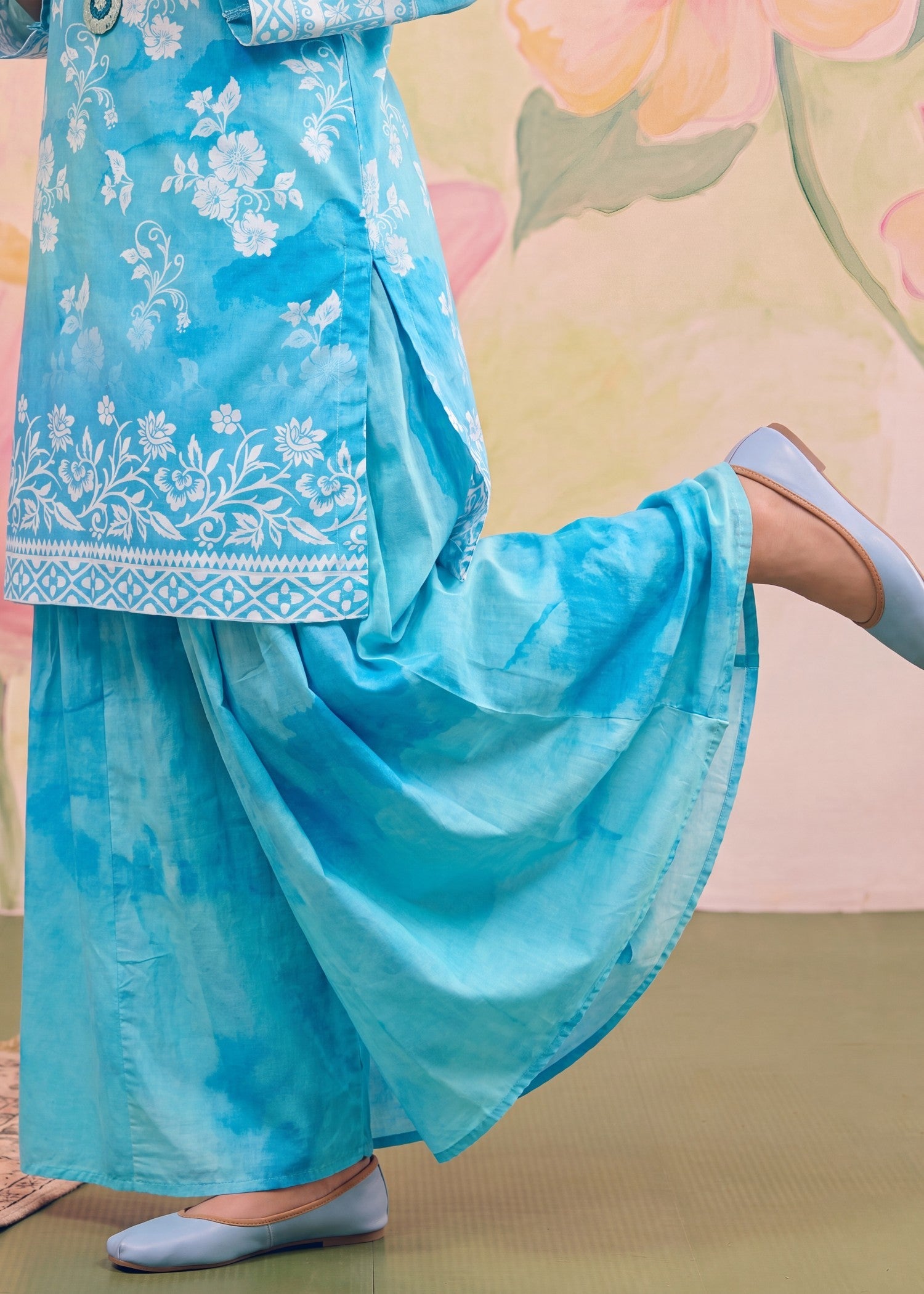 Pakistani Designer Baby Blue Lawn Sharara Suit Online in KSA Riyadh Saudi Arabia Oman Bahrain Qatar