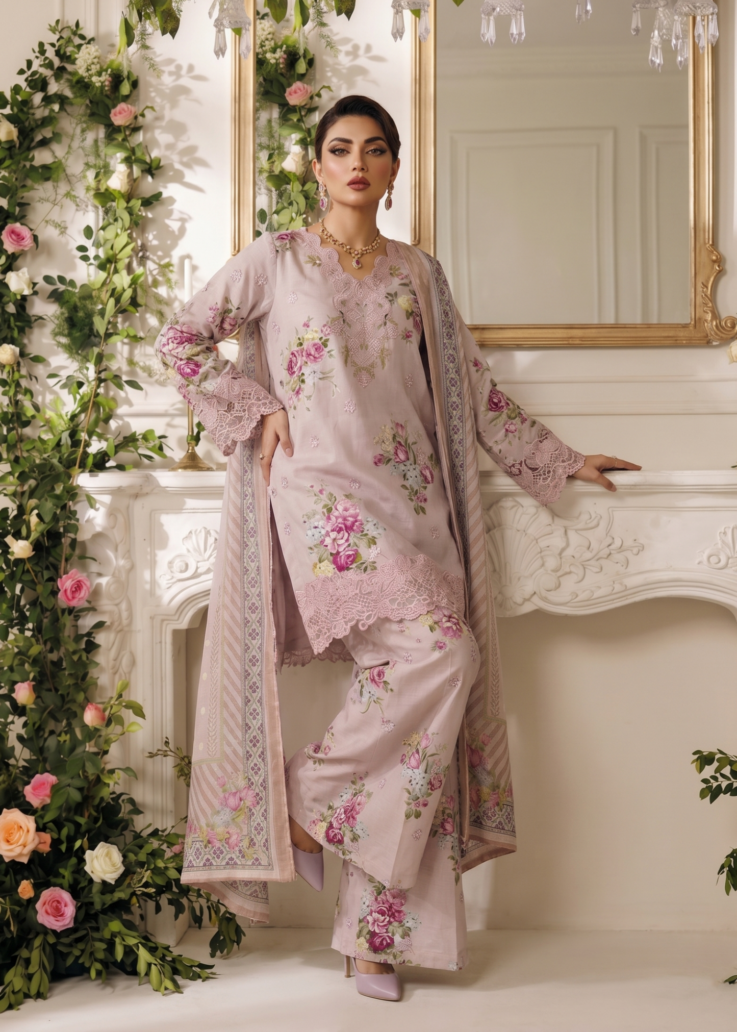 Pakistani Designer Baby Pink Lawn Salwar Kameez Online in KSA Riyadh Saudi Arabia Oman Bahrain Qatar