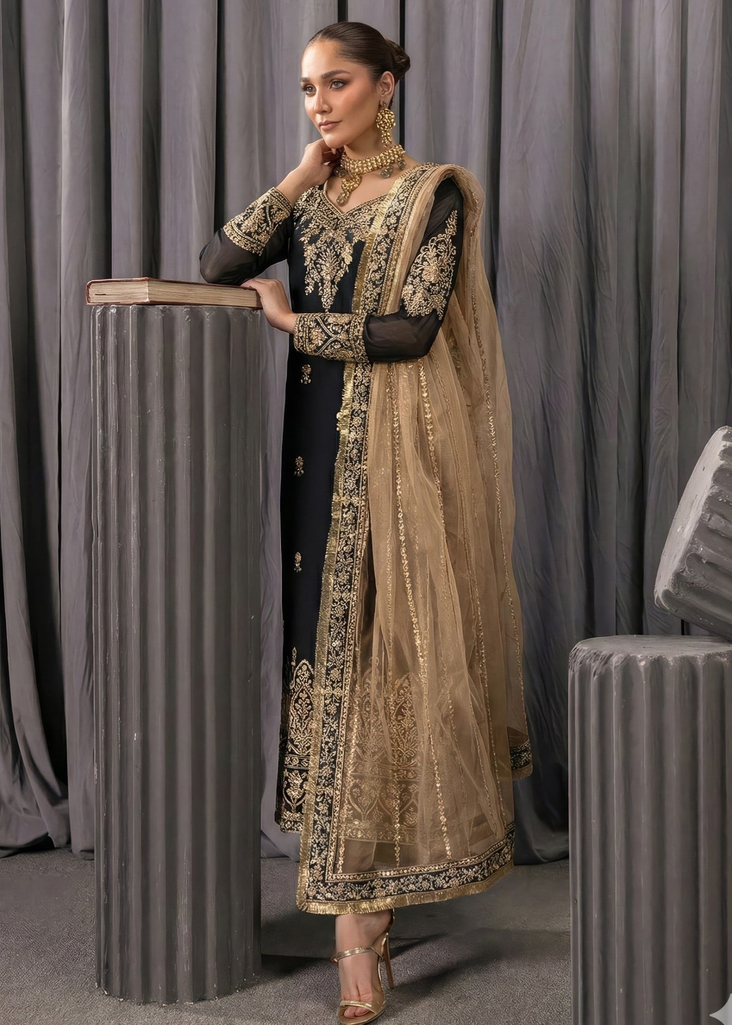 Pakistani Designer Beige Black Embroidered Salwar Kameez Online in KSA Riyadh Saudi Arabia Oman Bahrain Qatar