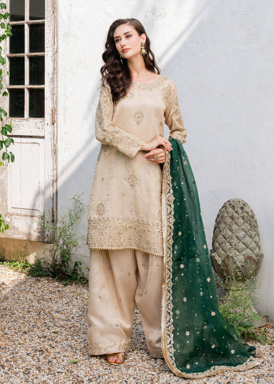 Pakistani Designer Beige Charmuse Salwar Kameez Online in KSA Riyadh Saudi Arabia Oman Bahrain Qatar
