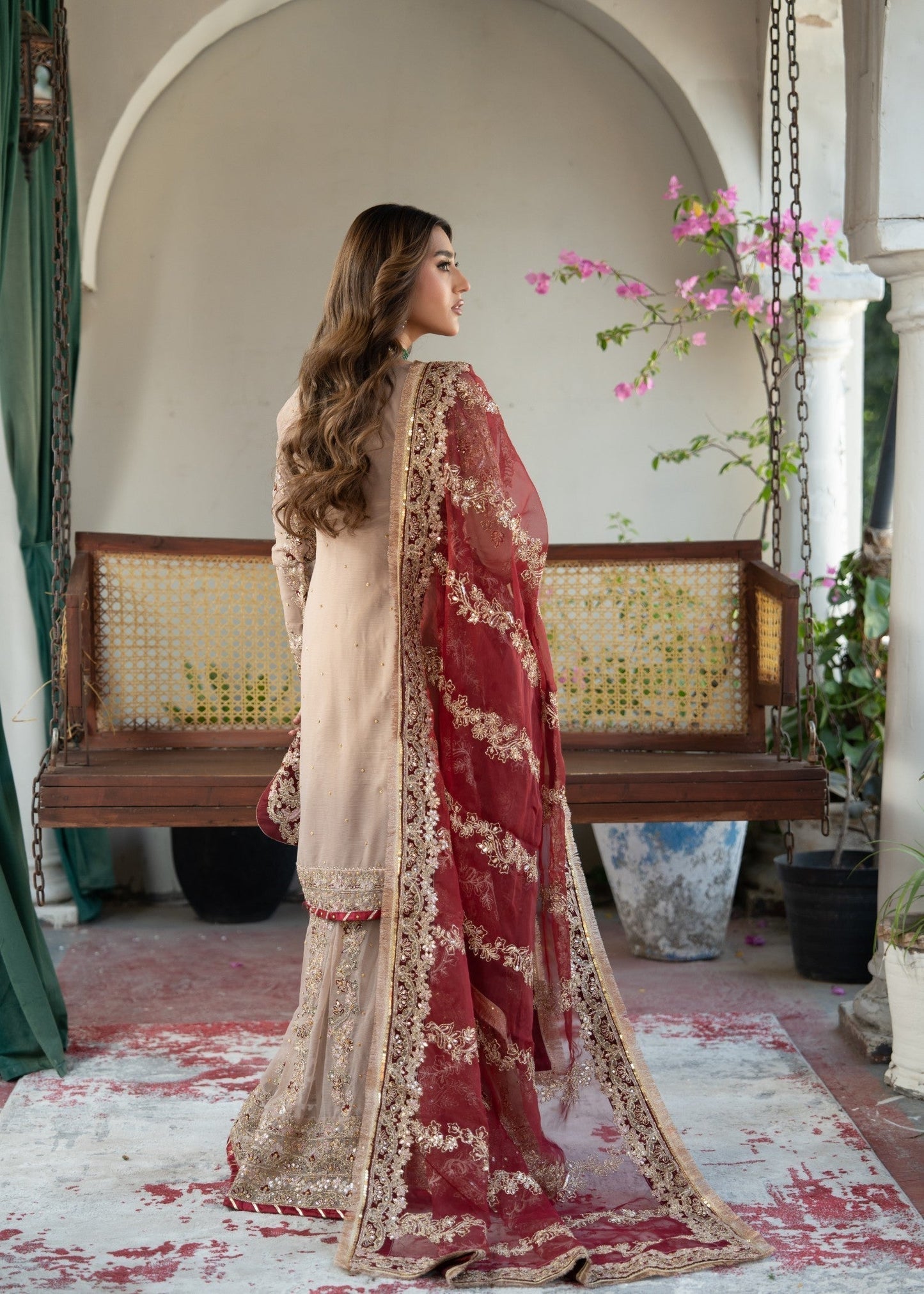 Pakistani Designer Beige Chiffon Gharara Suit Online in KSA Riyadh Saudi Arabia Oman Bahrain Qatar