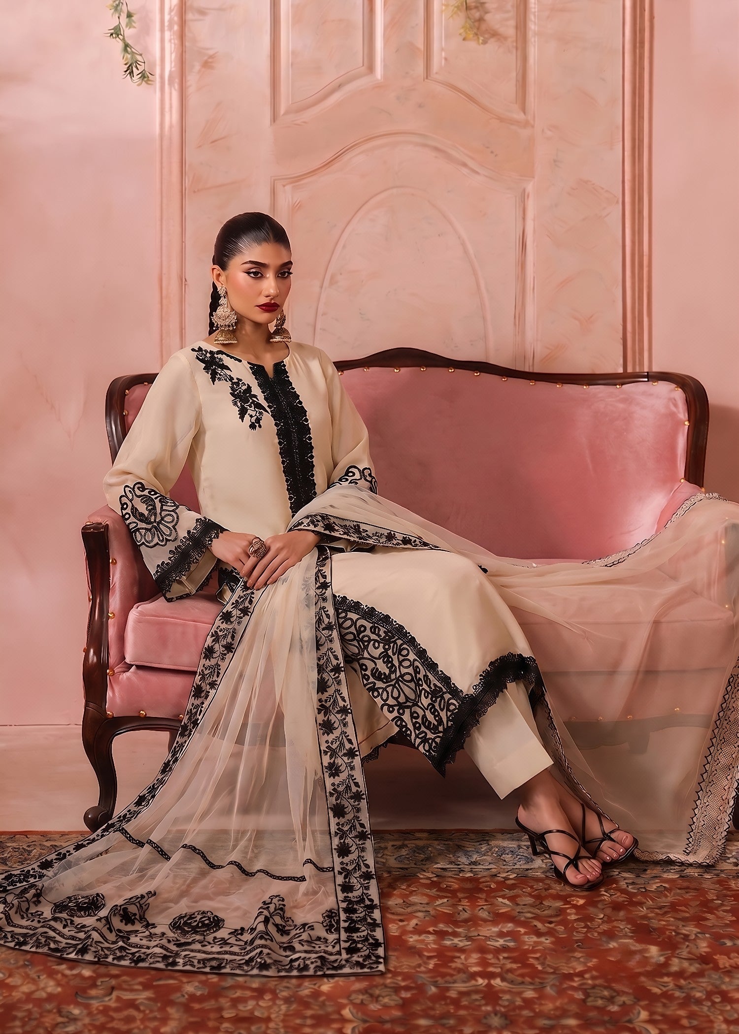 Pakistani Designer Beige Chiffon Party Wear Suit Online in KSA Riyadh Saudi Arabia Oman Bahrain Qatar