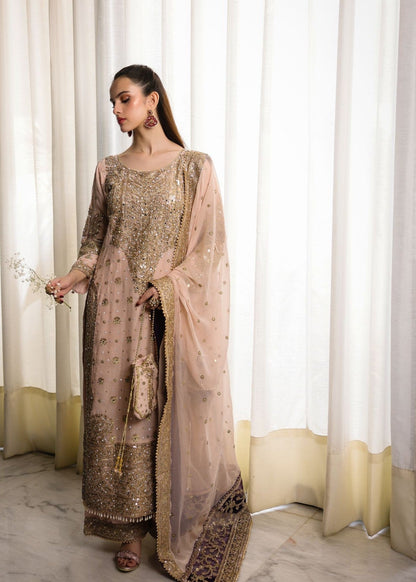 Pakistani Designer Beige Chiffon Salwar Kameez Online in KSA Riyadh Saudi Arabia Oman Bahrain Qatar