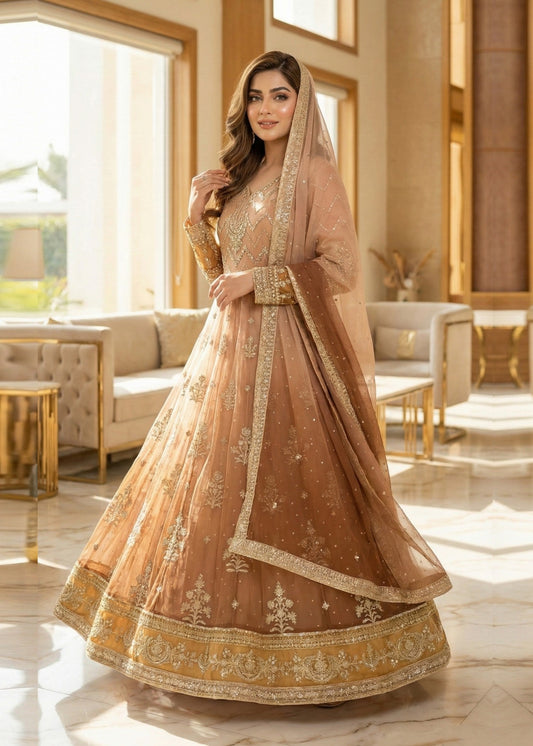 Pakistani Designer Beige Chiffon Salwar Kameez Online in KSA Riyadh Saudi Arabia Oman Bahrain Qatar
