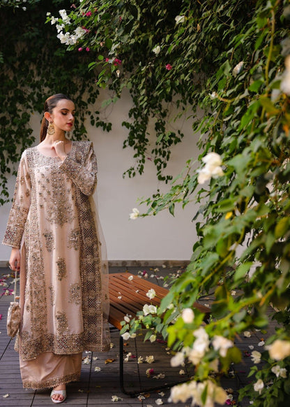 Pakistani Designer Beige Chiffon Salwar Kameez Online in KSA Riyadh Saudi Arabia Oman Bahrain Qatar