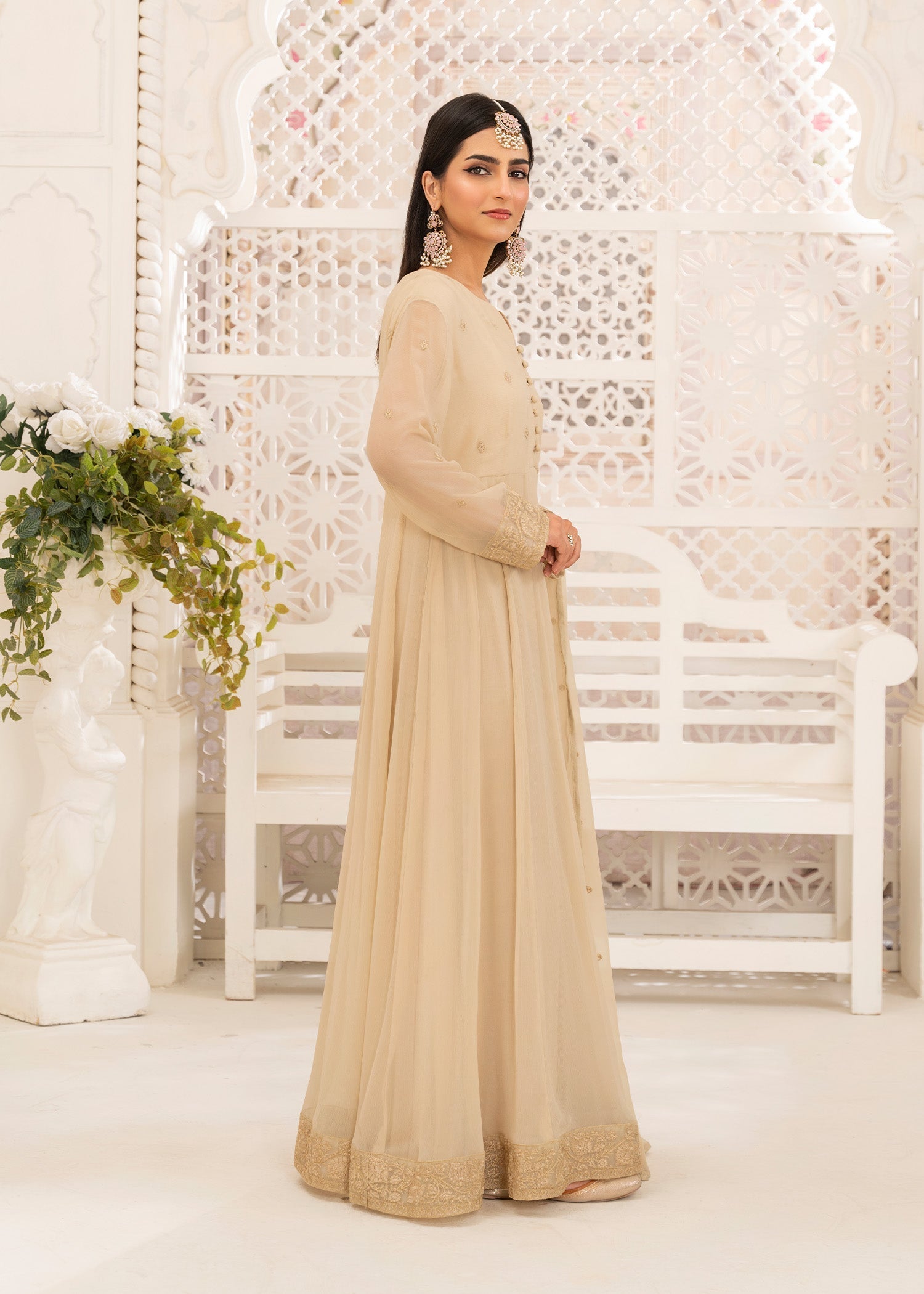 Pakistani Designer Beige Chiffon Salwar Kameez Online in KSA Riyadh Saudi Arabia Oman Bahrain Qatar