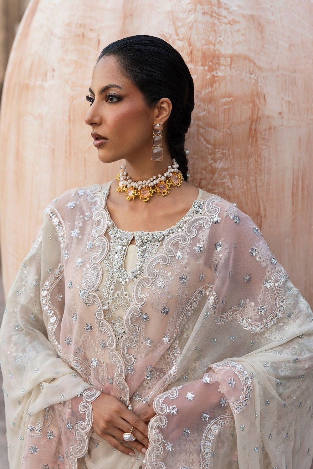 Pakistani Designer Beige Chiffon Shalwar Kameez Online in KSA Riyadh Saudi Arabia Oman Bahrain Qatar