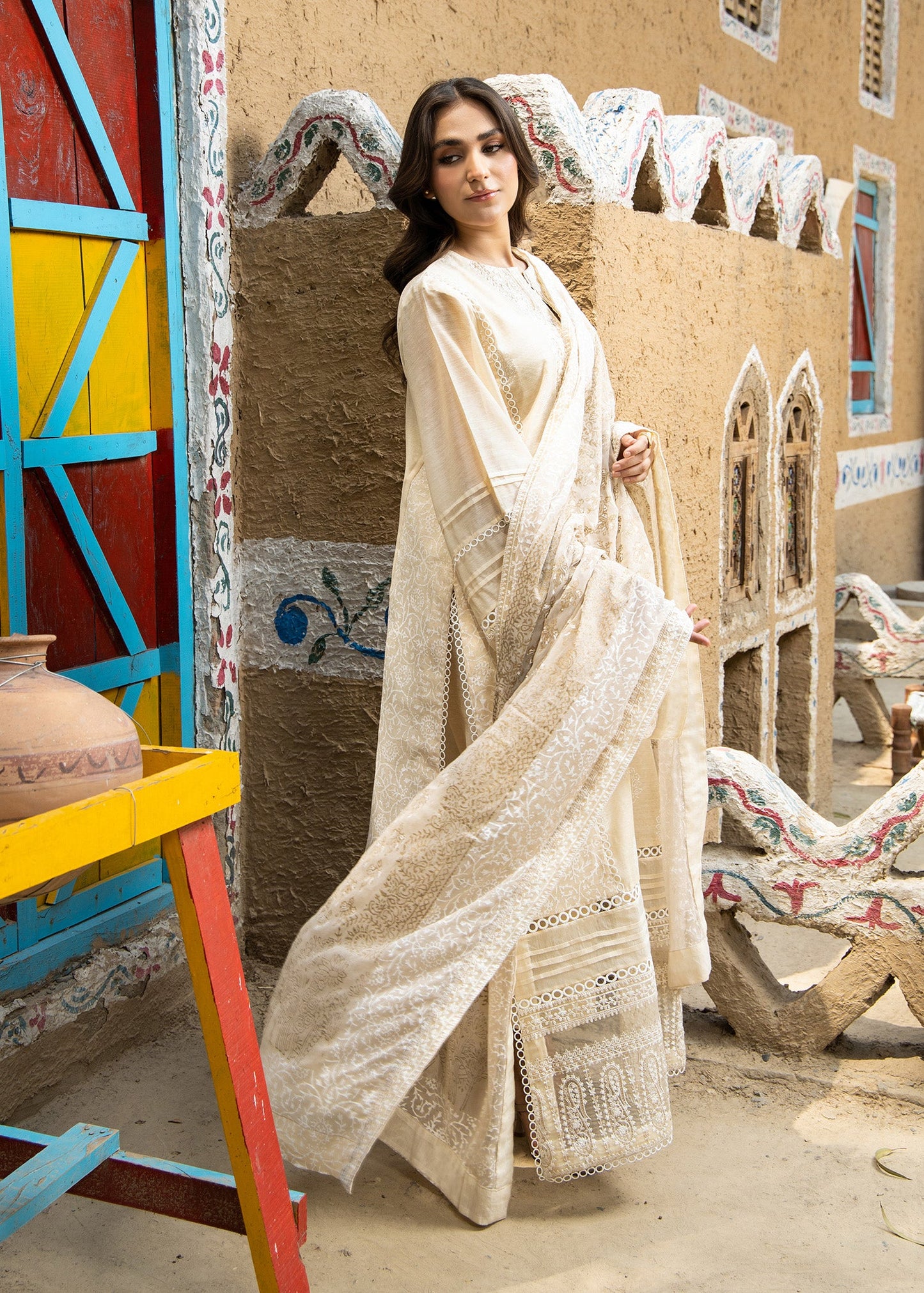Pakistani Designer Beige Cotton Silk Salwar Kameez Online in KSA Riyadh Saudi Arabia Oman Bahrain Qatar
