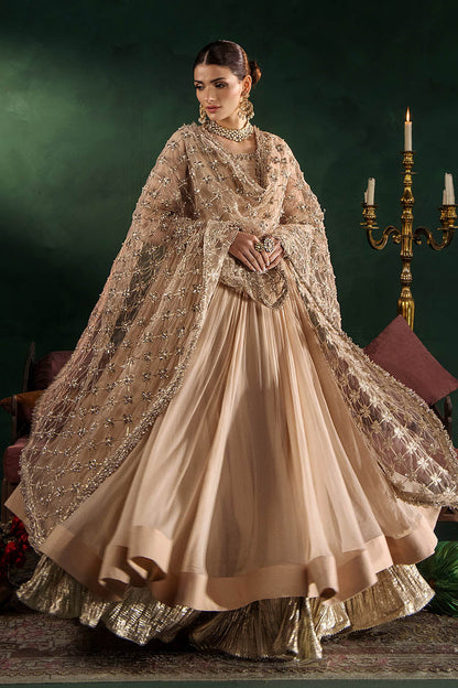 Pakistani Designer Beige Crinkle Chiffon Anarkali Peshwas Online in KSA Riyadh Saudi Arabia Oman Bahrain Qatar