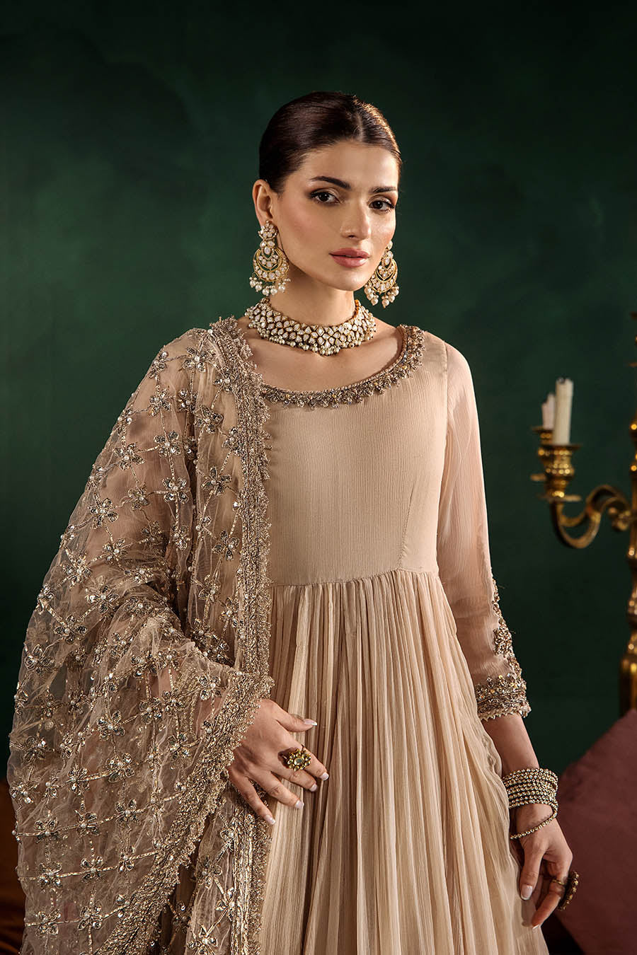 Pakistani Designer Beige Crinkle Chiffon Frock Suit Online in KSA Riyadh Saudi Arabia Oman Bahrain Qatar