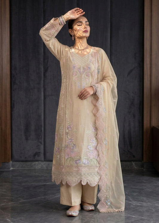 Pakistani Designer Beige Embroidered Lawn Salwar Kameez Online in KSA Riyadh Saudi Arabia Oman Bahrain Qatar