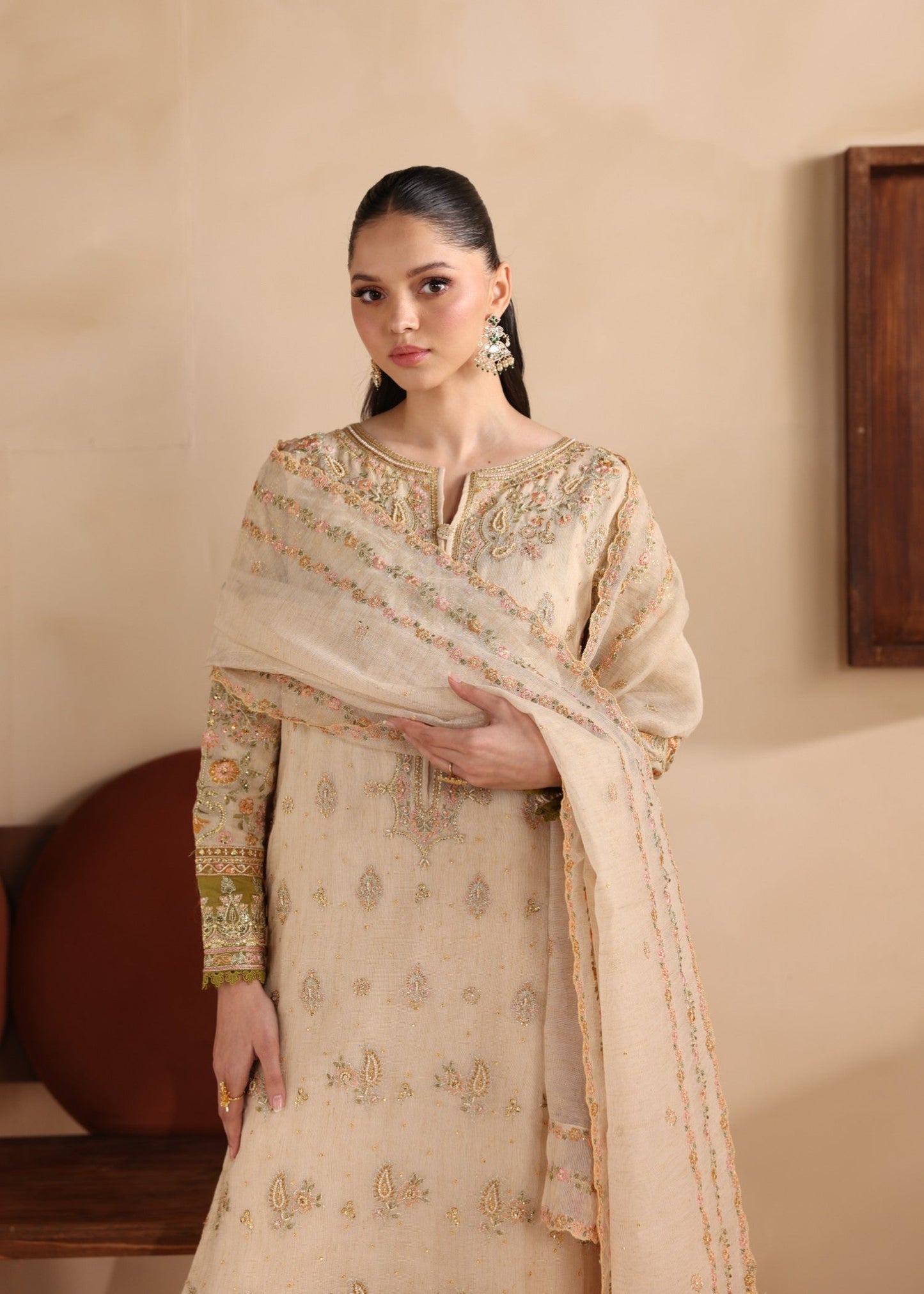 Pakistani Designer Beige Embroidered Net Salwar Kameez Online in KSA Riyadh Saudi Arabia Oman Bahrain Qatar