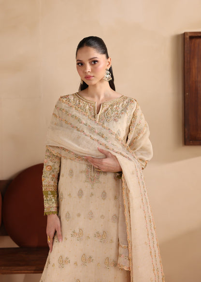 Pakistani Designer Beige Embroidered Net Salwar Kameez Online in KSA Riyadh Saudi Arabia Oman Bahrain Qatar