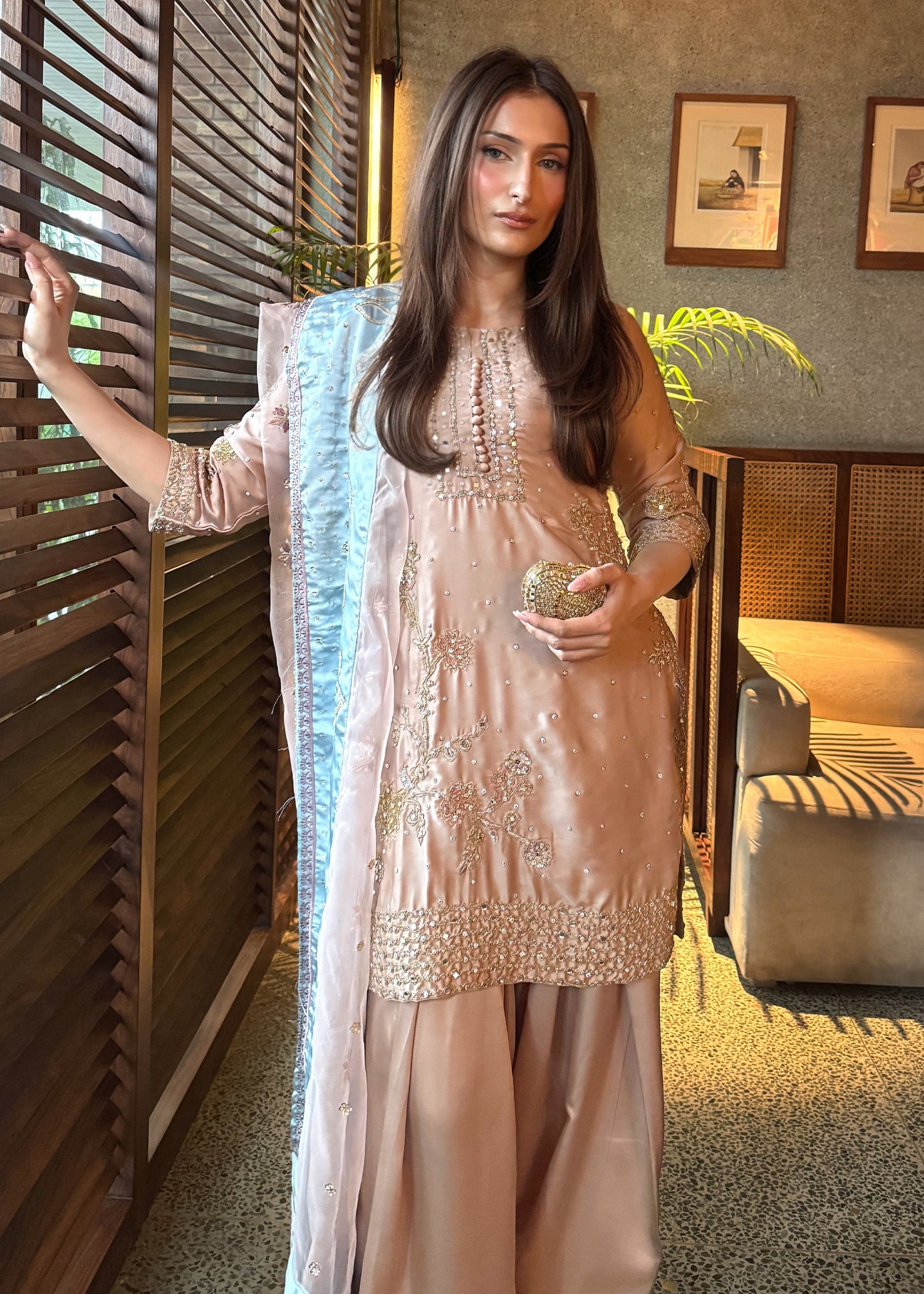 Pakistani Designer Beige Embroidered Salwar Kameez Online in KSA Riyadh Saudi Arabia Oman Bahrain Qatar