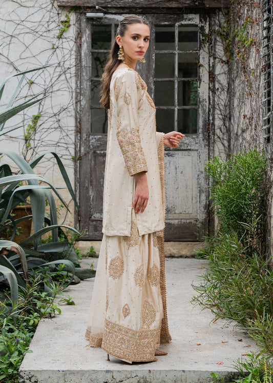 Pakistani Designer Beige Farshi Shalwar Kameez Online in KSA Riyadh Saudi Arabia Oman Bahrain Qatar