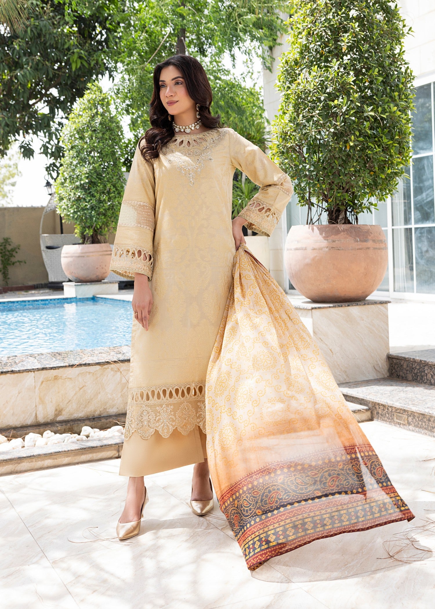 Pakistani Designer Beige Jacquard Embroidered Suit Online in KSA Riyadh Saudi Arabia Oman Bahrain Qatar