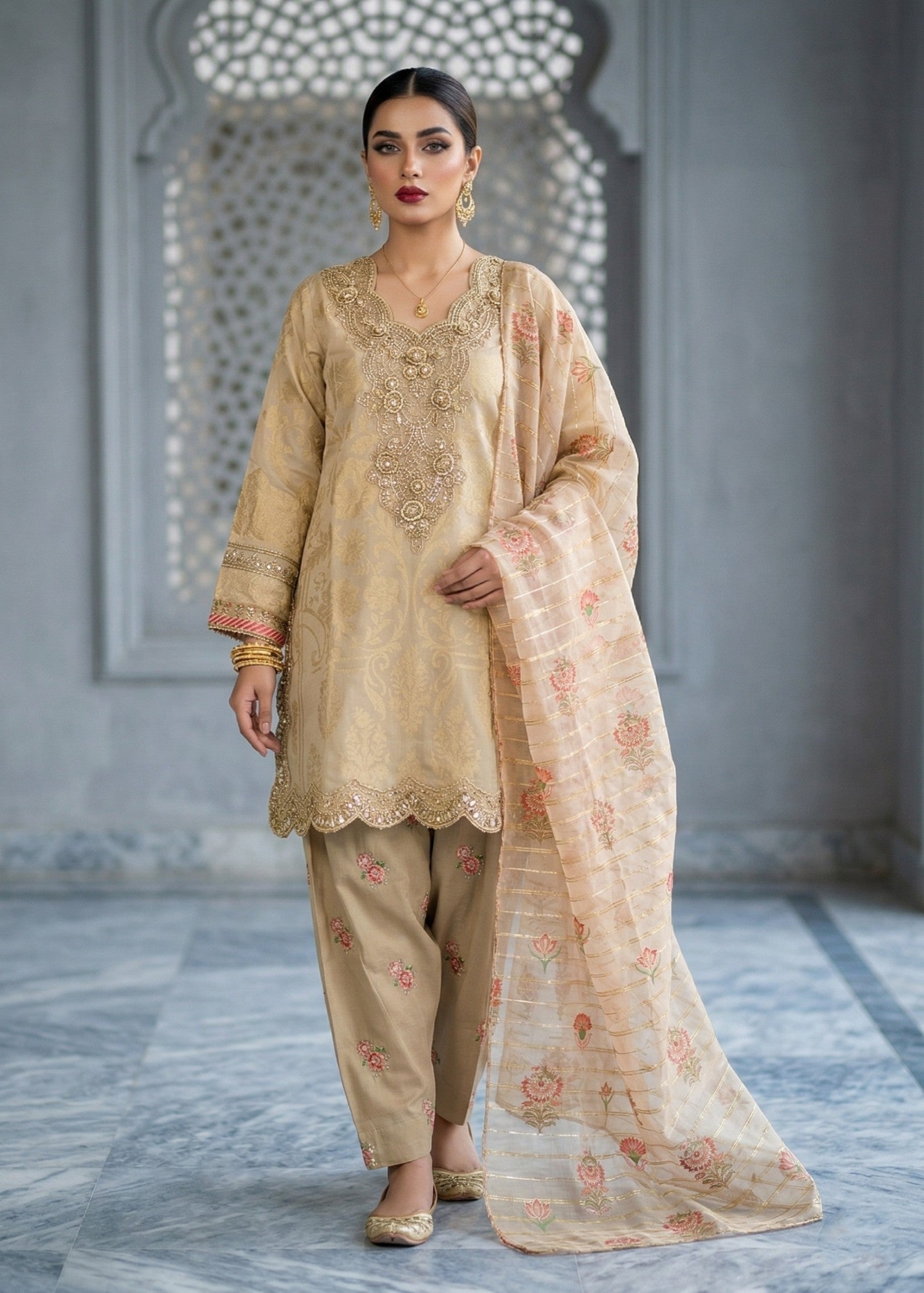 Pakistani Designer Beige Jacquard Salwar Kameez Online in KSA Riyadh Saudi Arabia Oman Bahrain Qatar