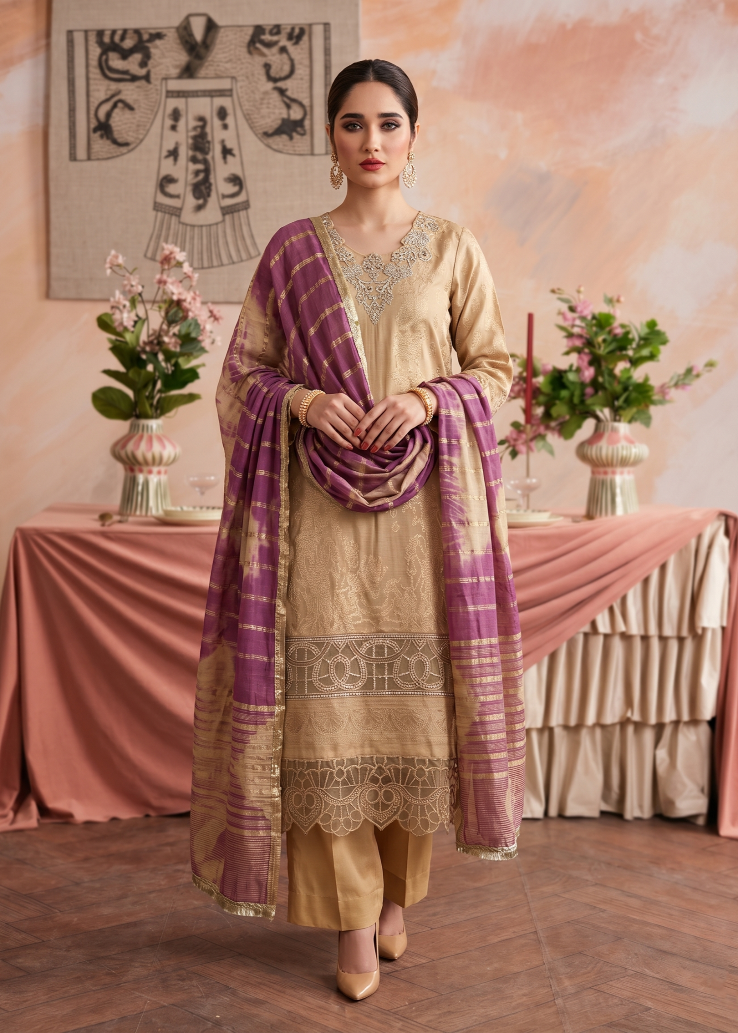 Pakistani Designer Beige Jacquard Salwar Kameez Online in KSA Riyadh Saudi Arabia Oman Bahrain Qatar