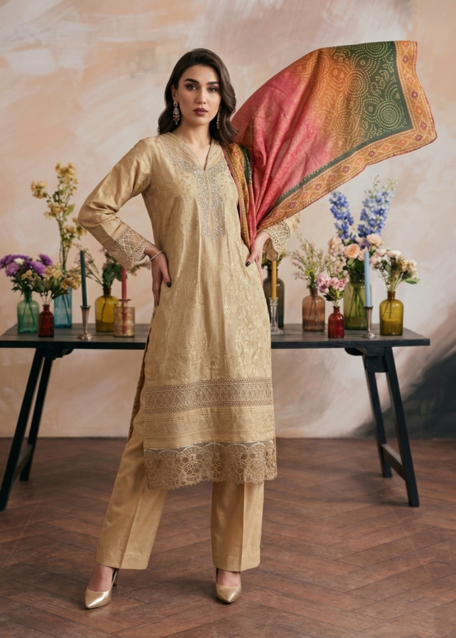 Pakistani Designer Beige Jacquard Salwar Kameez Online in KSA Riyadh Saudi Arabia Oman Bahrain Qatar