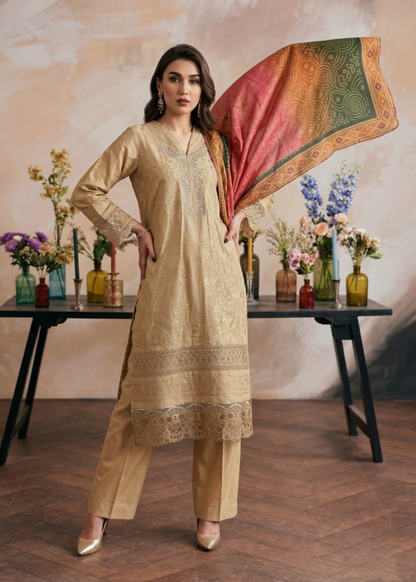 Pakistani Designer Beige Jacquard Salwar Kameez Online in KSA Riyadh Saudi Arabia Oman Bahrain Qatar