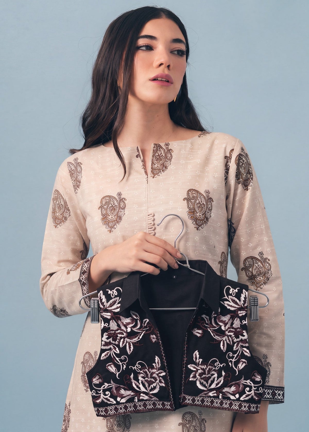 Pakistani Designer Beige Khaddar Pishwas Online in Dubai UAE Abudhabi Ajman Sharjah