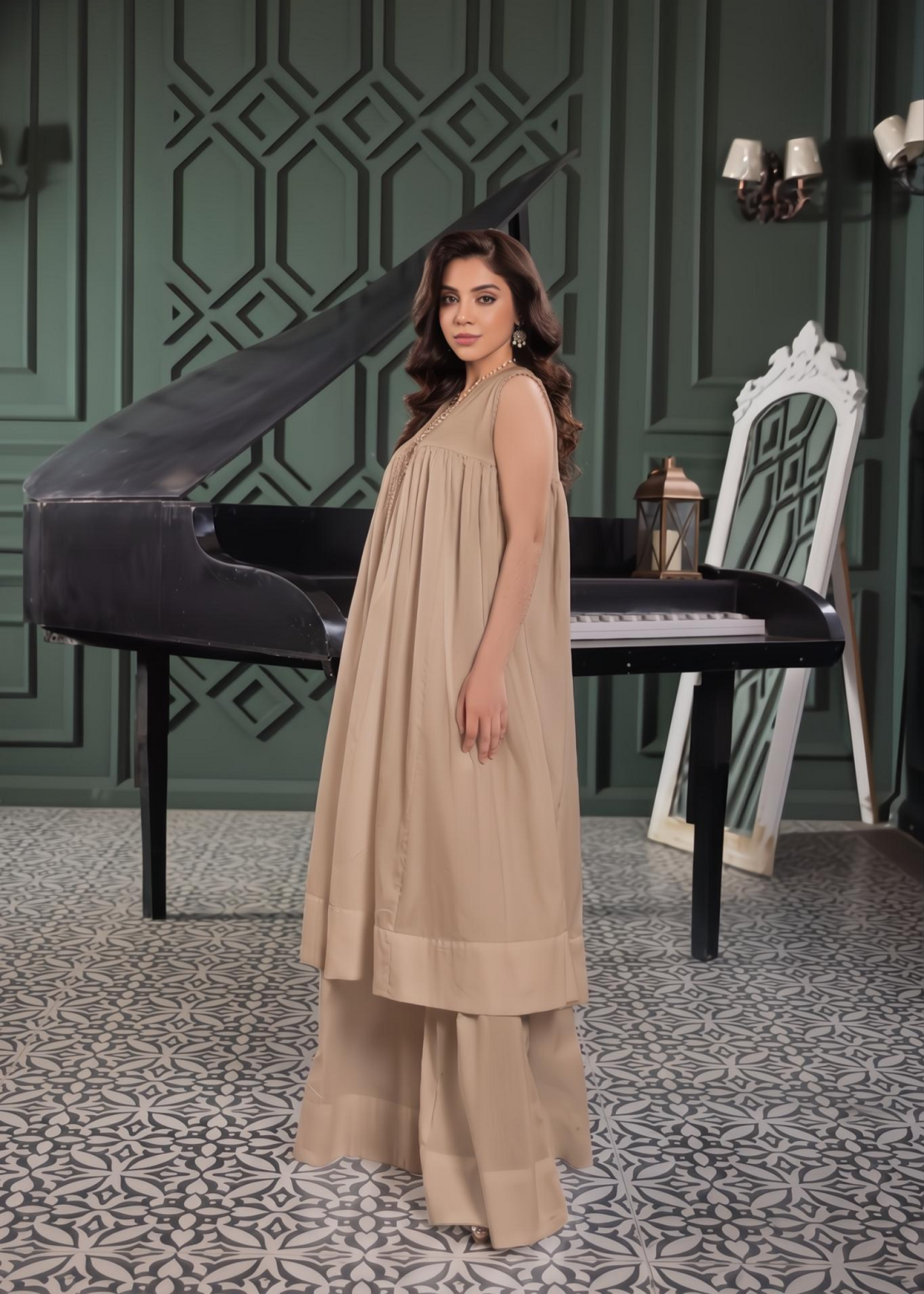 Pakistani Designer Beige Lawn Cotton Sharara Gharara Online in KSA Riyadh Saudi Arabia Oman Bahrain Qatar