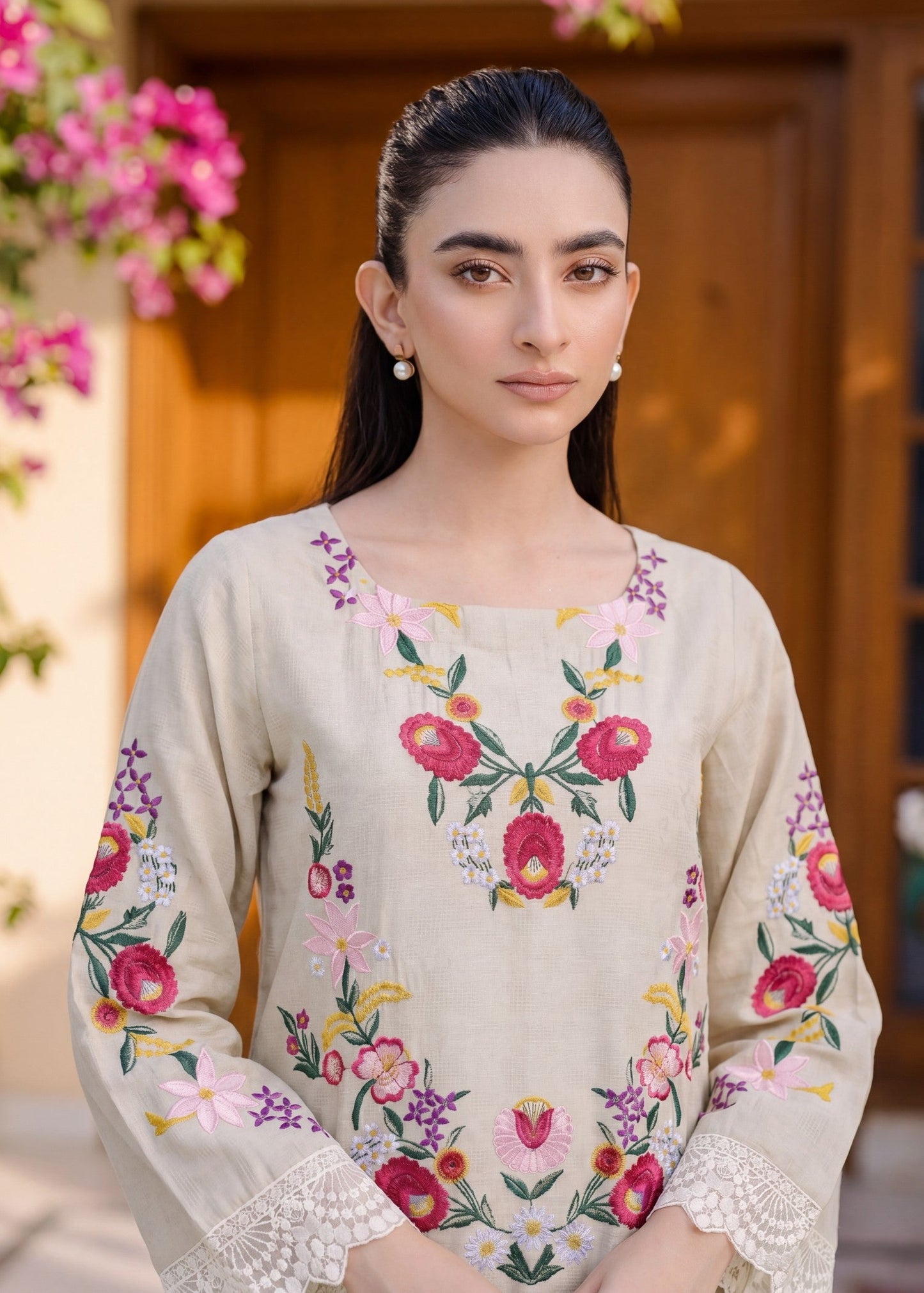Pakistani Designer Beige Lawn Salwar Kameez Online in KSA Riyadh Saudi Arabia Oman Bahrain Qatar